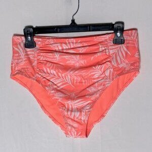 5/$25 Women’s Neon Coral White Tropical Print High Waist Bikini Bottoms L